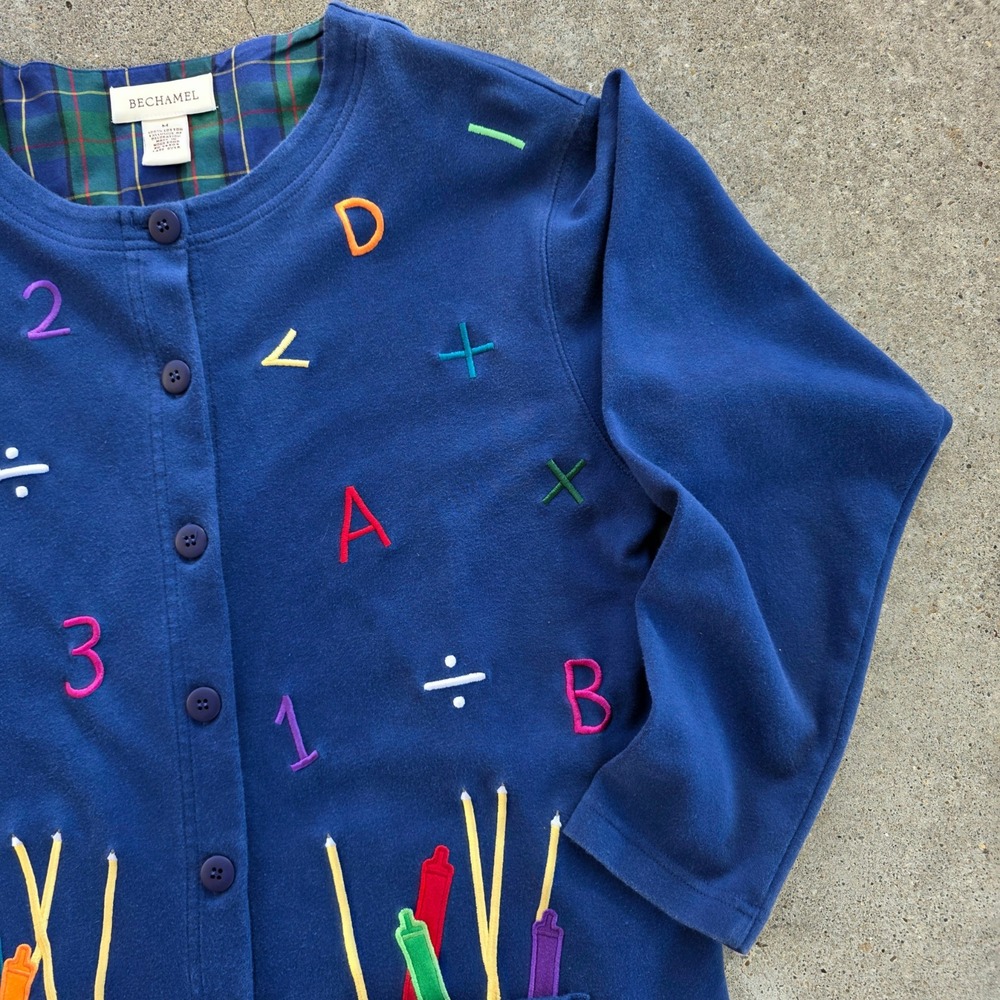 Vintage 90s Teacher Sweater Size M Alphabet Pencils Oversized Wearable Art - Picture 7 of 13